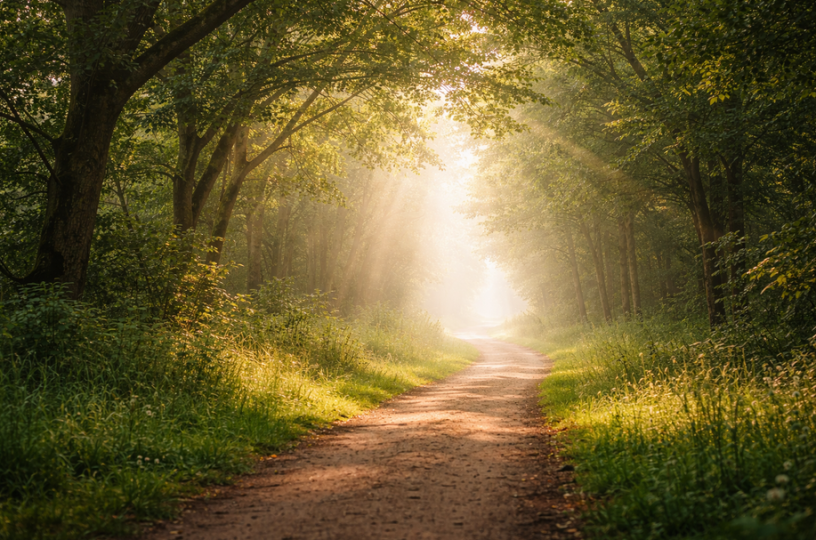 Sunlight shining through a forest path, symbolizing healing and hope after trauma