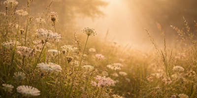 Warm sunlight over a peaceful meadow with wildflowers and soft mist, symbolizing calm, healing, and emotional safety
