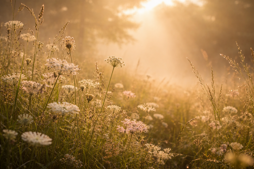 Warm sunlight over a peaceful meadow with wildflowers and soft mist, symbolizing calm, healing, and emotional safety