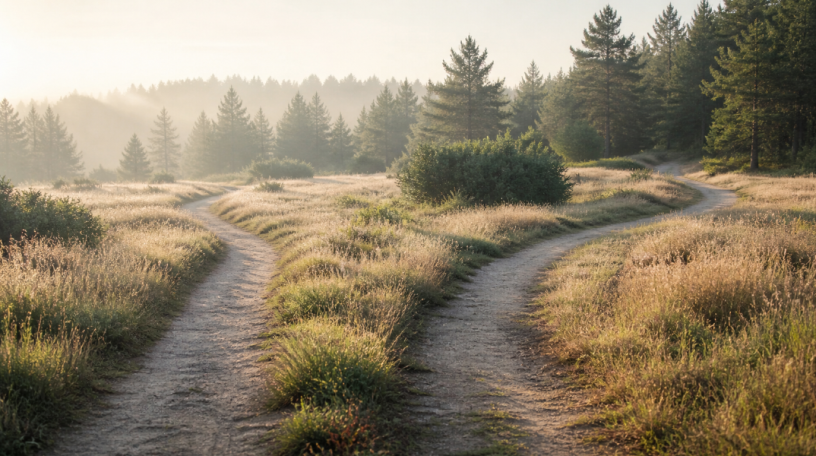Two peaceful paths through a quiet meadow, representing how childhood roles can shape adult relationships.